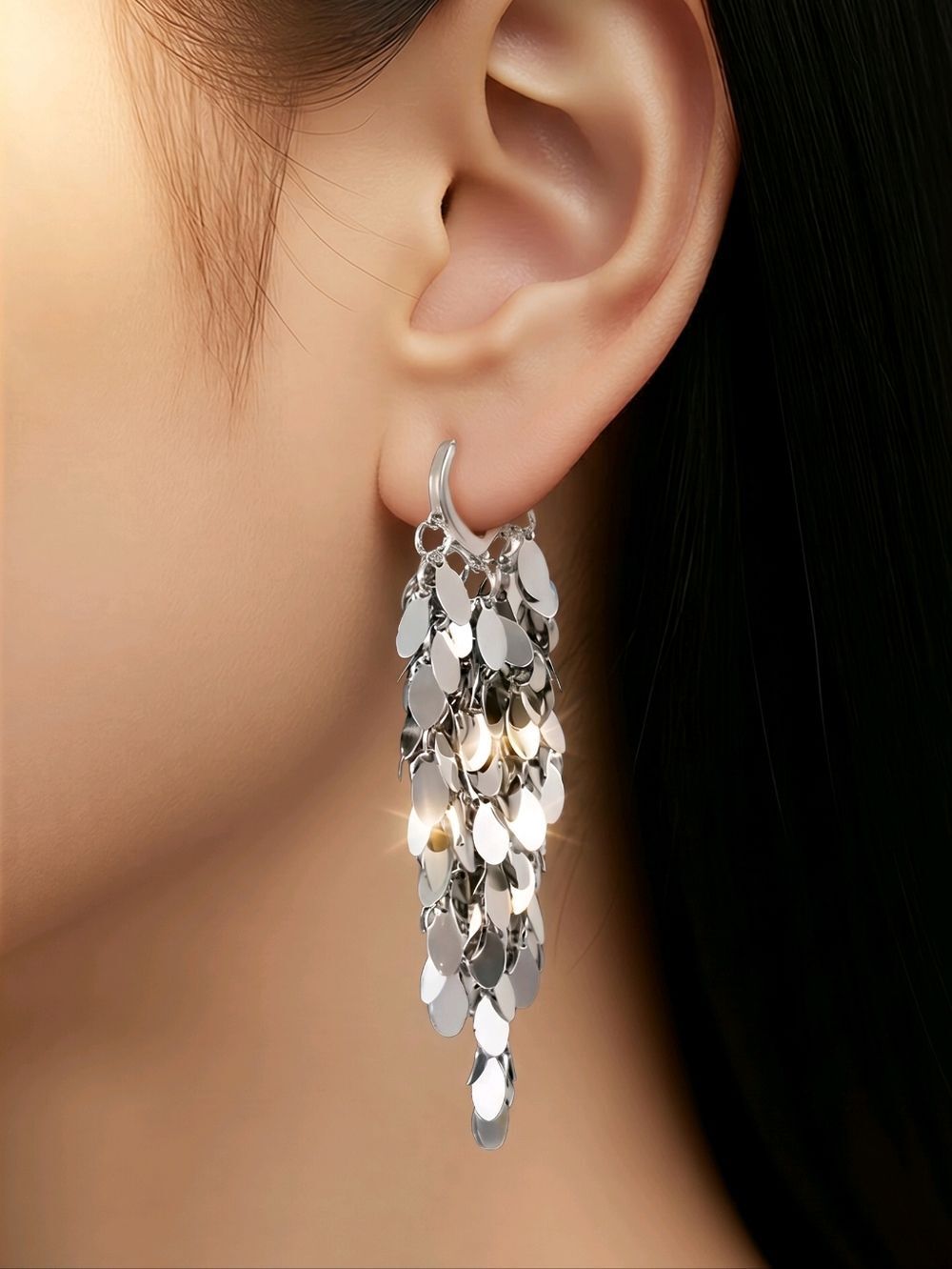 Silver Cascade Leaf Drop Hoop Earrings Shimmering Dangle Statement Jewelry Glam